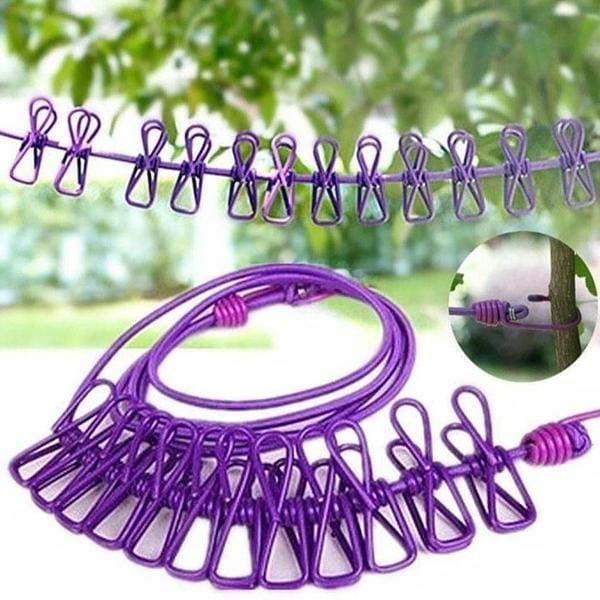 Portable Elastic Clothesline with 12 Built-In Clips